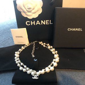 Chanel Pearl Chain Choker Necklace Gold Tone